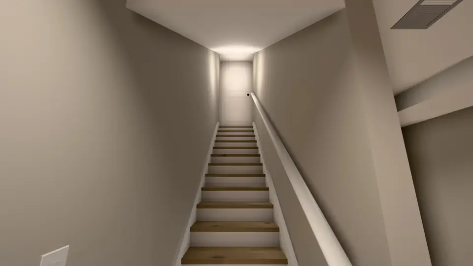 The design walkthrough of this East Gwillimbury basement: a render of the design, walked room by room, from the stairs to the wet bar
