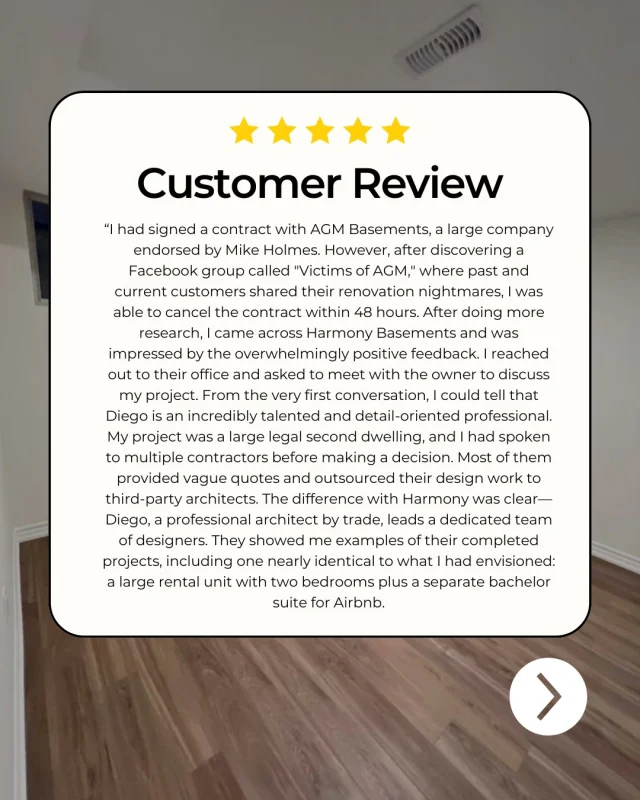 We’re appreciative of this thoughtful review by Anuja from East Gwillimbury! 🙌

Congratulations on the new legal basement apartment - what a huge milestone! We’re proud to have supported your project and look forward to being part of the next one.

Anuja’s experience highlights how our comprehensive design package, led by an architect with deep expertise in basement renovations, can simplify the entire process from design to permits to build. When you work with experienced professionals, you avoid delays, surprises, and costly missteps.

🛠️ Thinking about your own legal suite project? Let’s talk! 

#HarmonyBasements #BasementGoals #HomeUpgrades #FinishedBasement #TorontoHomes #RenovationIdeas #Construction #Basement #Basementreno #Renovation #HomeImprovementCanada